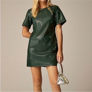 J. Crew Collection Dark Green Rhinestone Embellished Vegan Leather Mini Dress 4